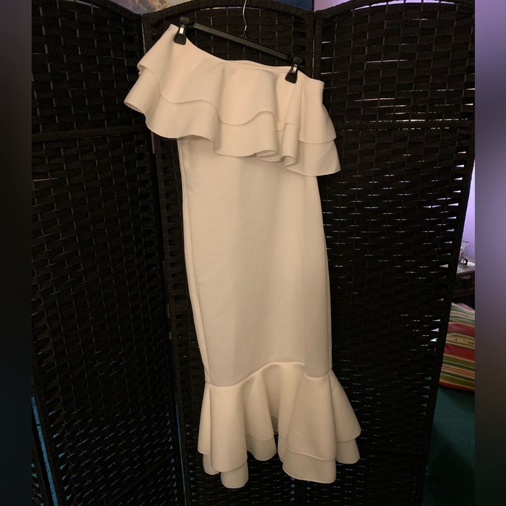All white occasion dress.